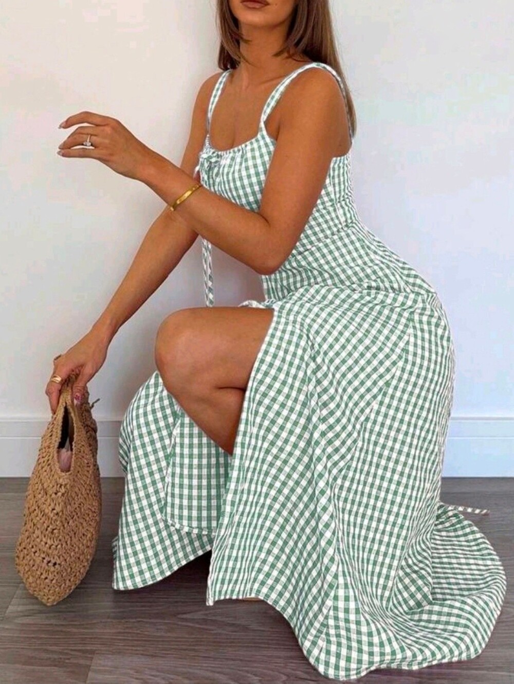 New Gingham Lace Up Back A Line Midi Dress Green White Cotton - Picture 4 of 6